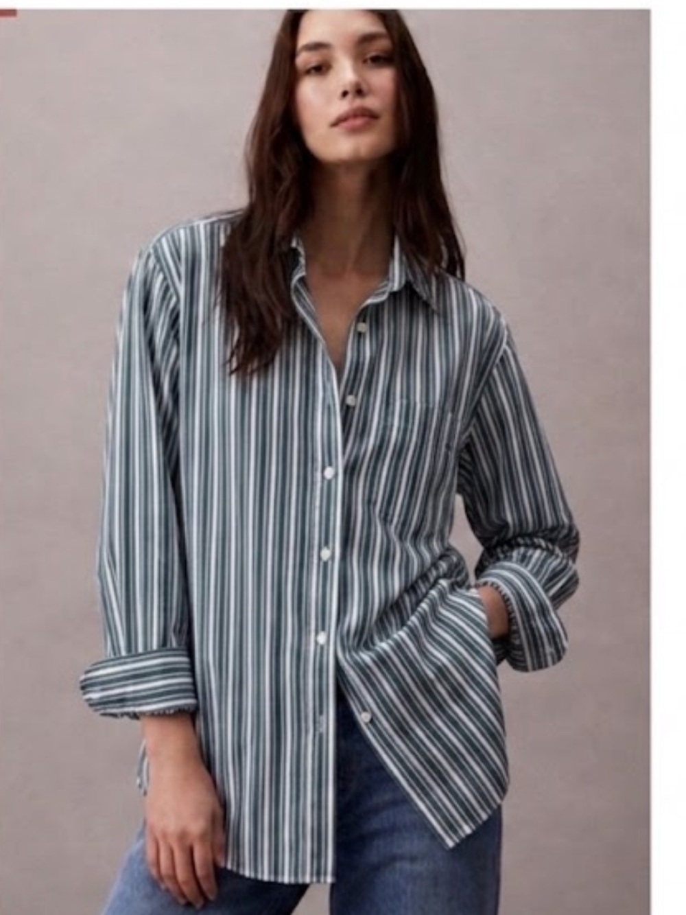 ANN MASHBURN Boyfriend Shirt green and White Vertical Stripe Button-Down XL